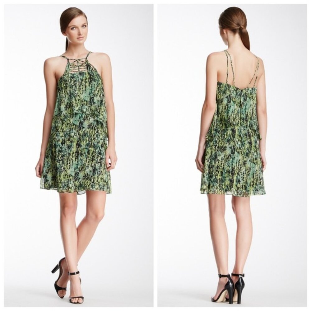 BCBG Kaia GREEN Jungle Print Silk Lattice Dress - Size Small